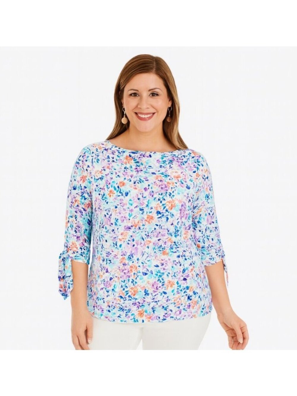 NEW The Limited Womens Stretch Knit Top Multicolor Floral Slit Sleeves Size L